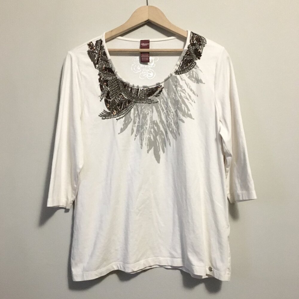 Olsen Europe Beaded Sequin Feather Print White Cotton Blend Shirt 14